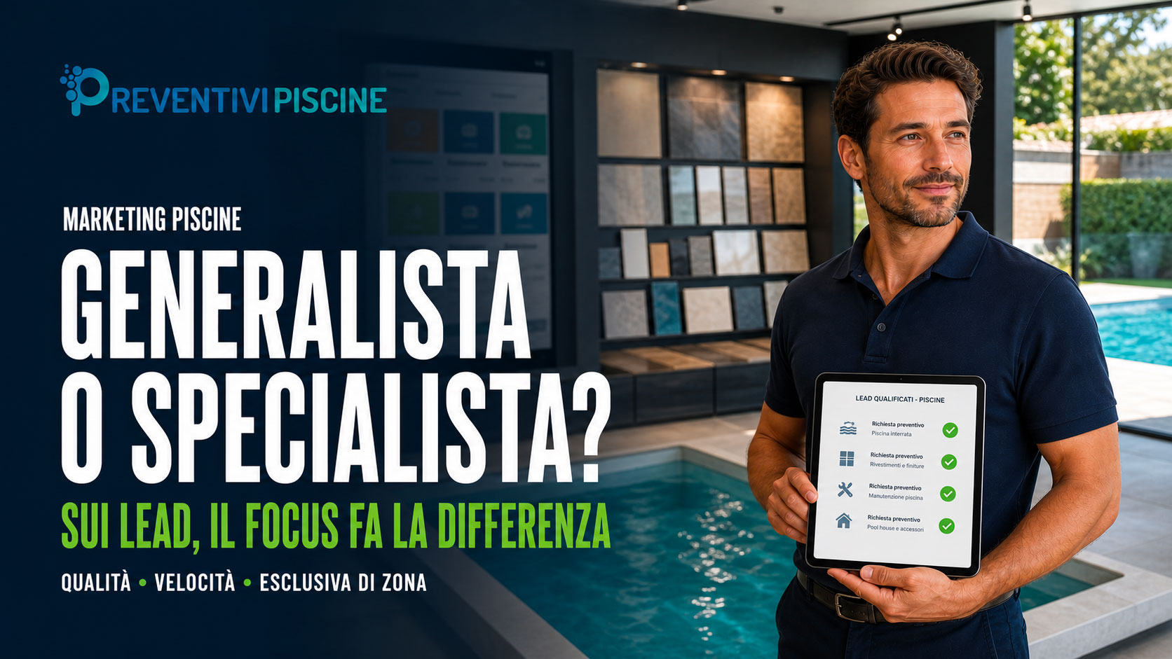 Specialista del marketing per aziende di piscine al lavoro in showroom